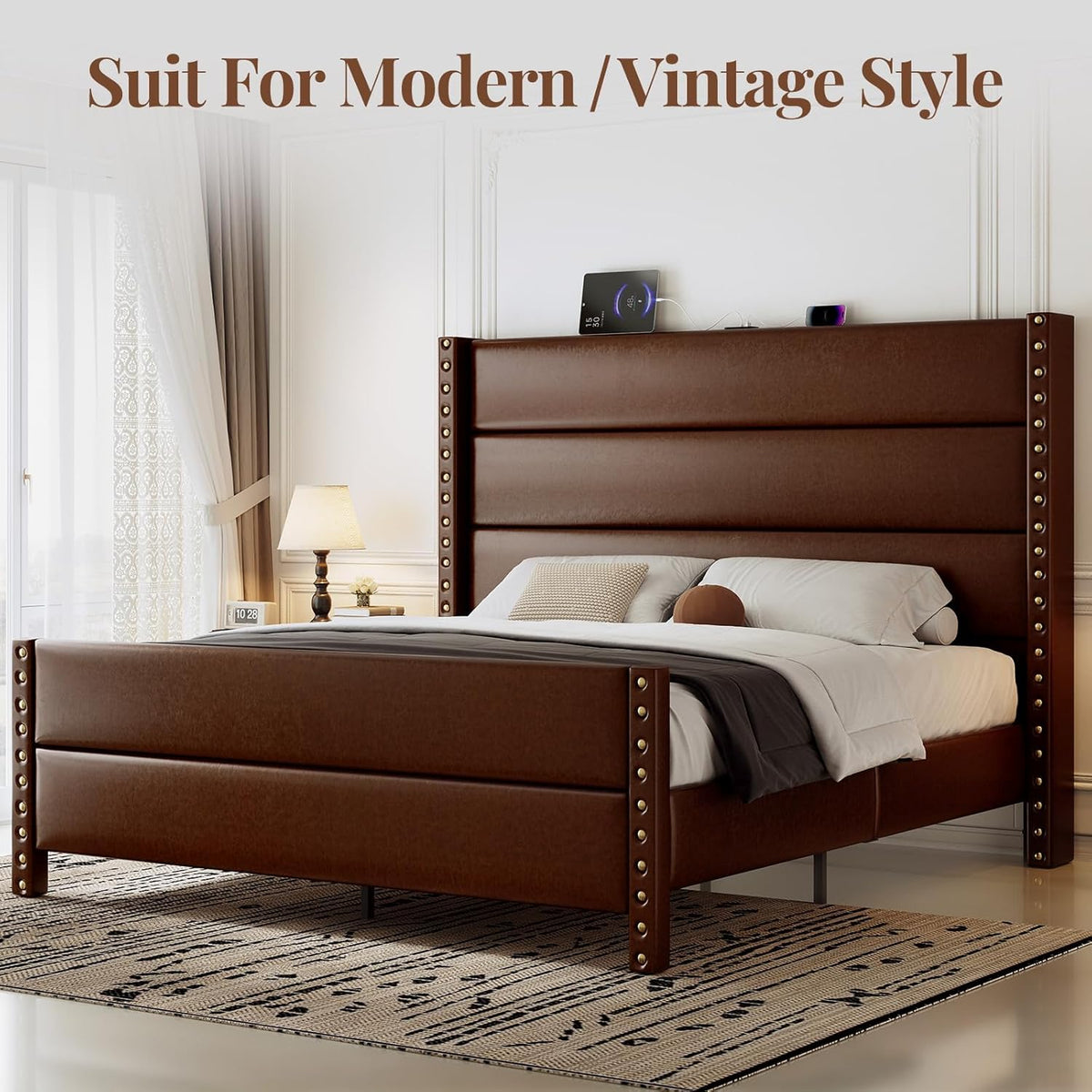queen size 55" tall faux leather platform bed, view 9