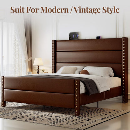 queen size 55" tall faux leather platform bed, view 9