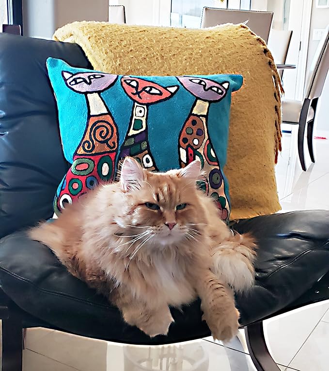Turquoise Cat Pillow: Cute Kitties Abstract Sofa Cushion - Image 2