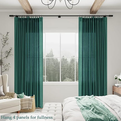 Dark Green Pinch Pleated Linen Curtains 102 Inch Length 2 Panels - Image 2