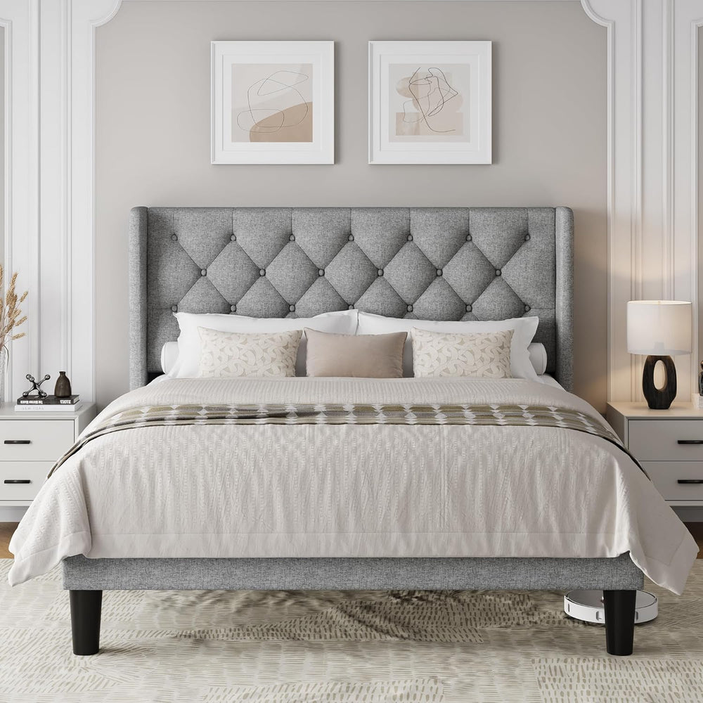 Einhomn Queen Size Platform Bed Frame with Fabric Upholstered Wingback Headbo...