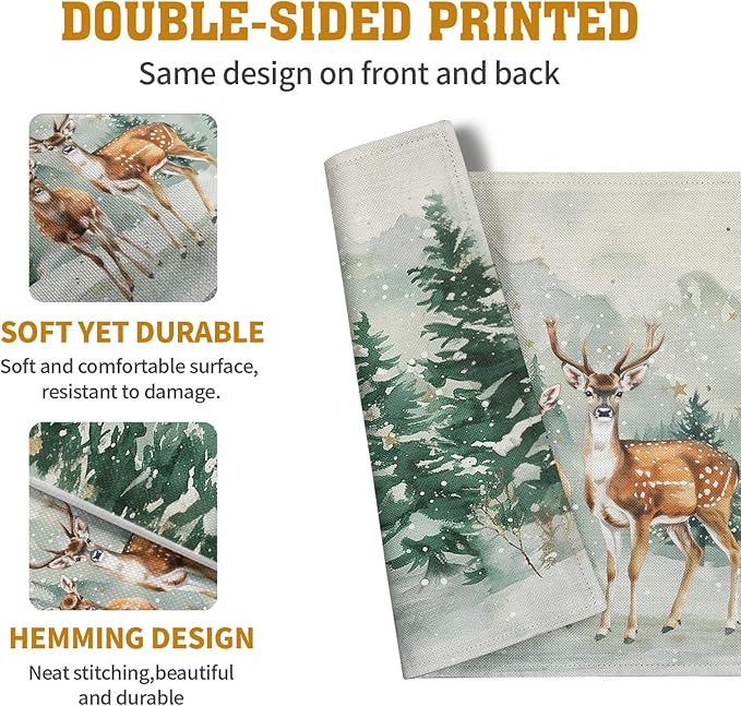 Christmas Watercolor Deer Trees Snowflakes Placemats Set of 4 Winter Rustic - Image 5