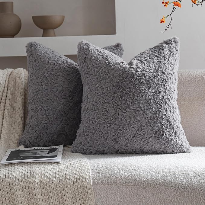 Neelvin Set of 2 Faux Fur Throw Pillow Covers 22x22 Inch Darkgrey Cozy Soft by Neelvin