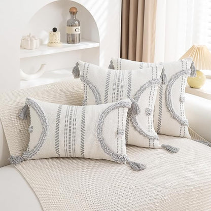 Boho Throw Pillow Covers 18x18 Set of 2 Cotton Woven Tufted Farmhouse Pillows - Image 6