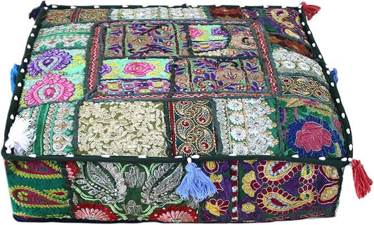 CRAFT KALA Indian Square Patchwork Traditional Pouf Cover Indian Living Room by CRAFTKALA