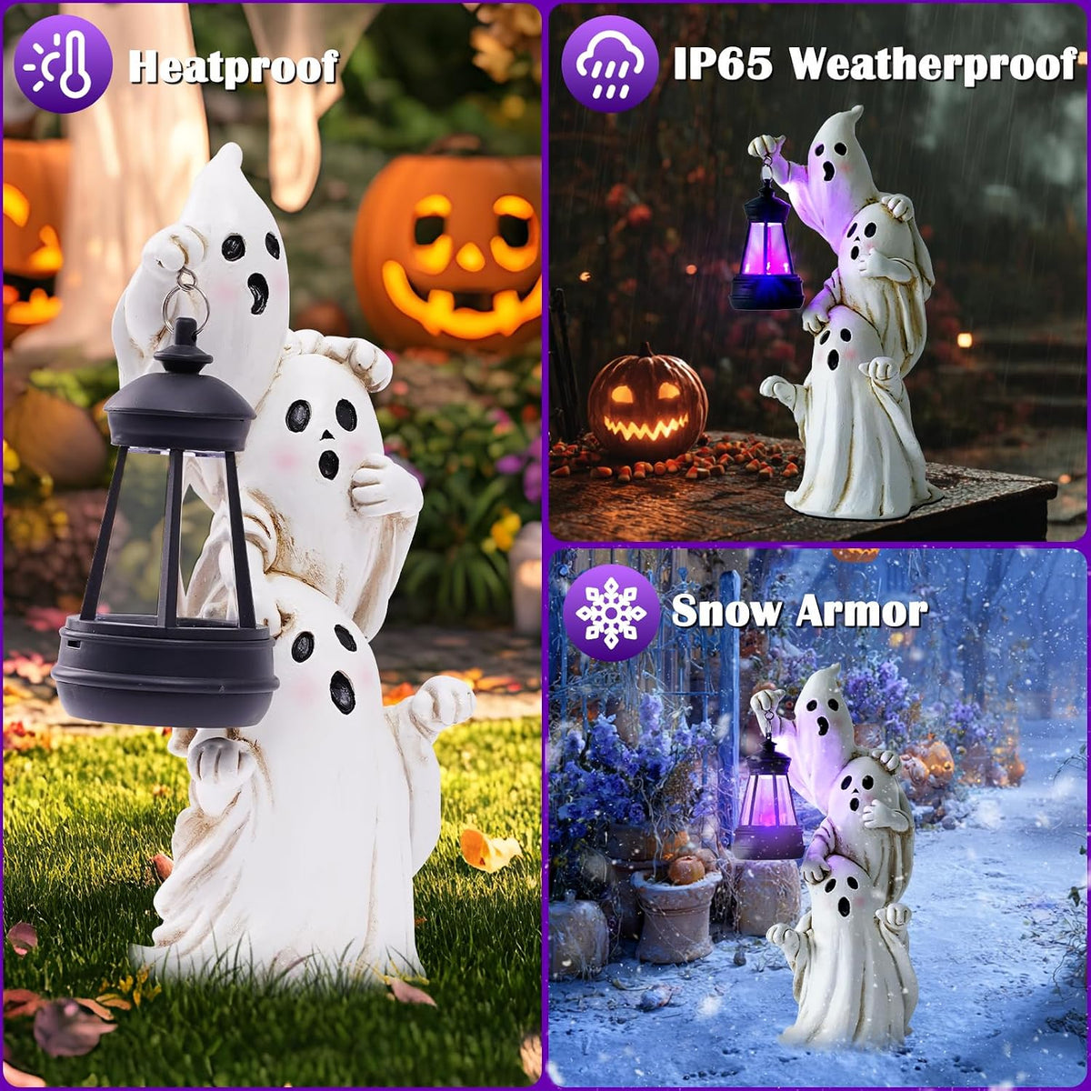 twinbling Triple Ghosts Halloween Decorations Outdoor with Solar Lantern,Cute Spooky Halloween Ghost Figurines,Ghost Decor Outside Decor for Yards Porches Gardens Lawn Party