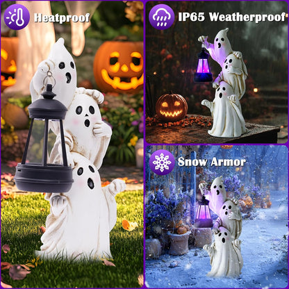 twinbling Triple Ghosts Halloween Decorations Outdoor with Solar Lantern,Cute Spooky Halloween Ghost Figurines,Ghost Decor Outside Decor for Yards Porches Gardens Lawn Party