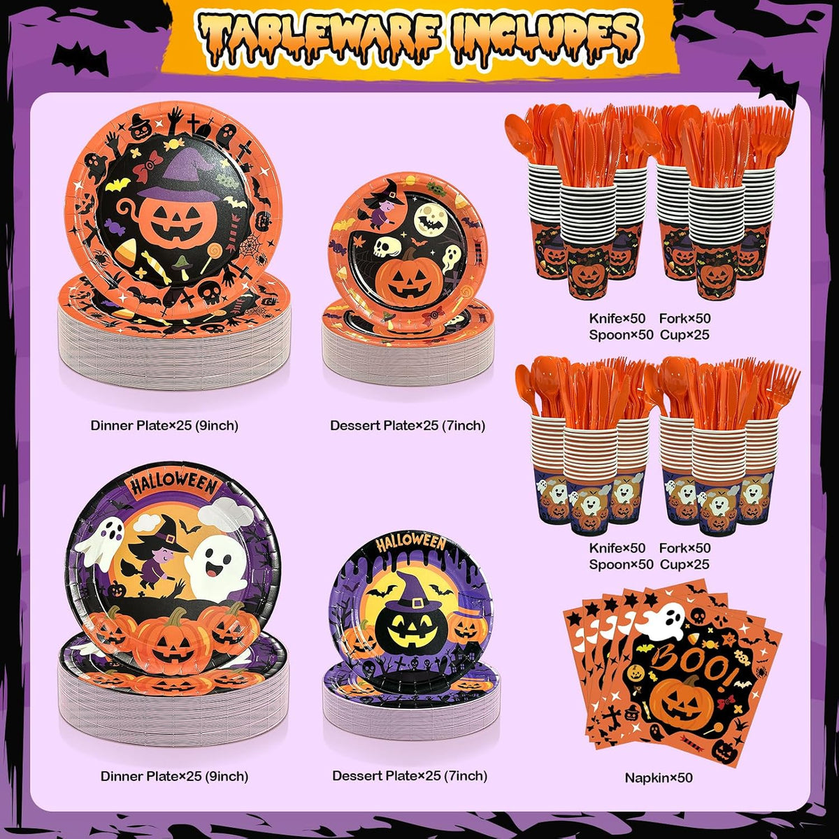UJoyant 350 PCS Halloween Plates and Napkins Sets, Halloween Party Supplies Includes Disposable Plates Dessert Plates Napkins Cups Plastic Knives Forks Spoons Disposable Dinnerware Set (50 Guest)