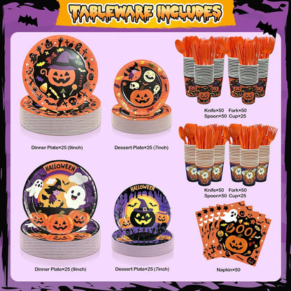 UJoyant 350 PCS Halloween Plates and Napkins Sets, Halloween Party Supplies Includes Disposable Plates Dessert Plates Napkins Cups Plastic Knives Forks Spoons Disposable Dinnerware Set (50 Guest)