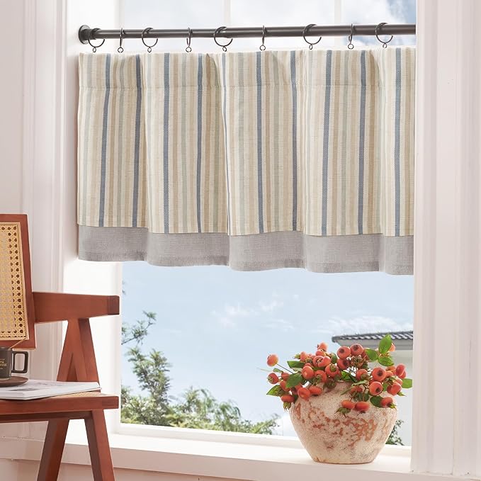 jinchan Colorful Striped Linen Double Layer Valance Pinstripe Rustic Cafe - Image 3