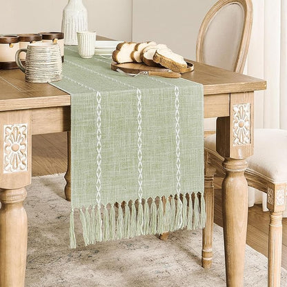 ZeeMart Farmhouse Braided Striped Table Runner, Rustic Sage Green Table Runners - Image 2