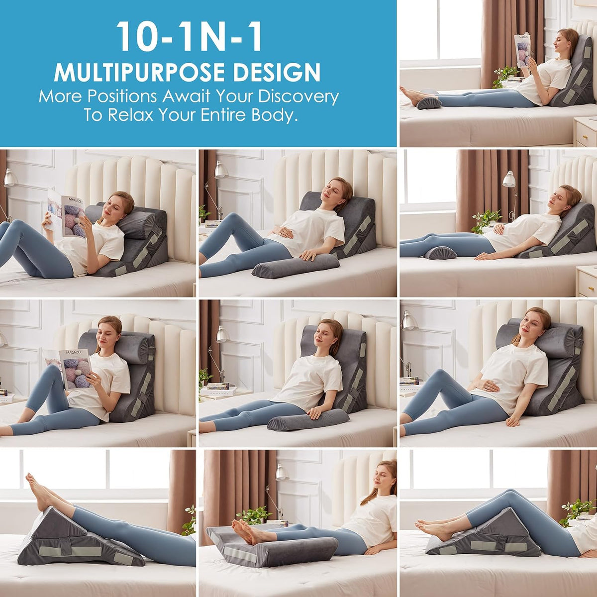 megcxit wedge pillow set for after surgery, bed shown in use