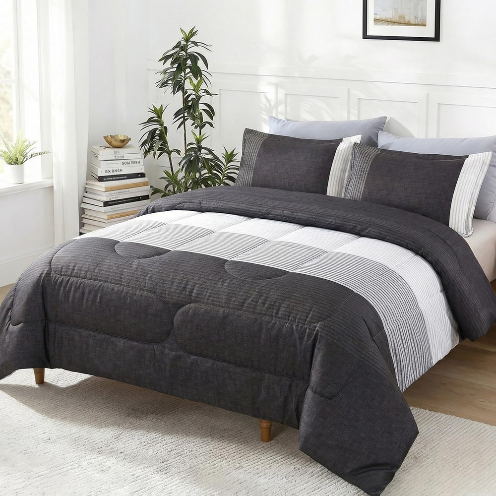 PERFEMET Black Twin Comforter Set, 3 Pieces Striped Pattern Bedding Set Mascu...