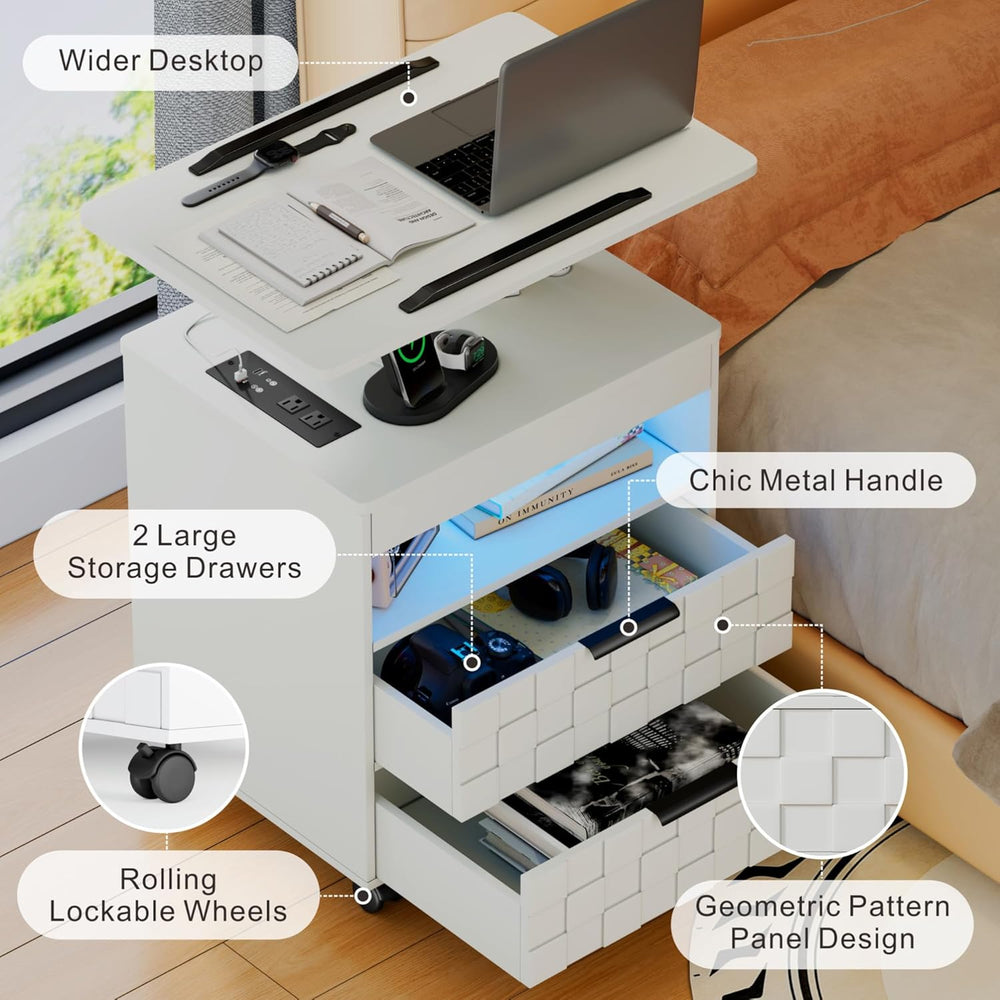 Lareth Rolling Nightstand with Wheels, LED Lights, Charging Station