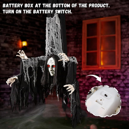 Halloween Animatronics Decorations Hanging Ghost with 4 Hands, 67'' Animated Spooky Zombie Ghosts with Creepy Sounds, Lighted Eyes, Scary Move, Haunted House Props Decor for Indoor Outdoor Yard Lawn