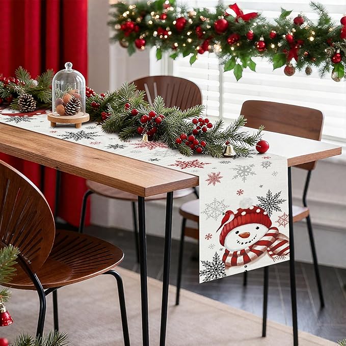 OTOSTAR Snowflakes and Red Snowman Christmas Table Runner, Xmas Seasonal Winter - Image 7