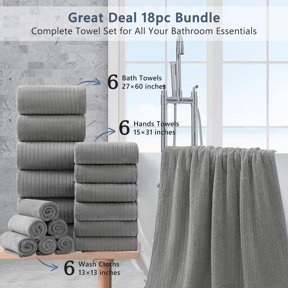 18 piece bath towels set,ultra soft family bathroom shown in use