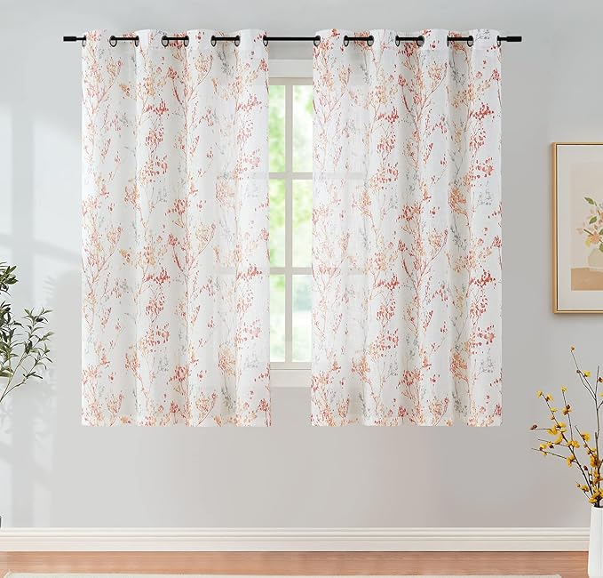 Treatmentex Tree Print Semi-Sheer Curtains 63inch Length White Red Orange - Image 2