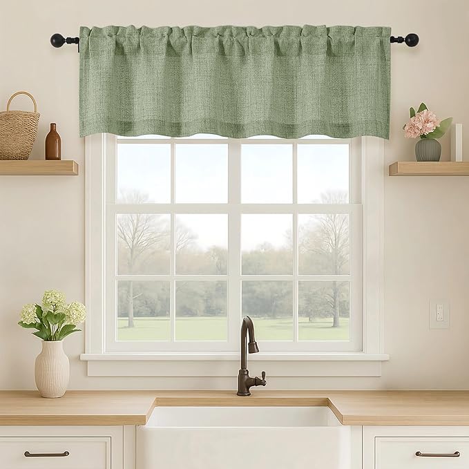 OVZME Green Valance for Windows, Light Filtering Faux Linen Textured Small by OVZME