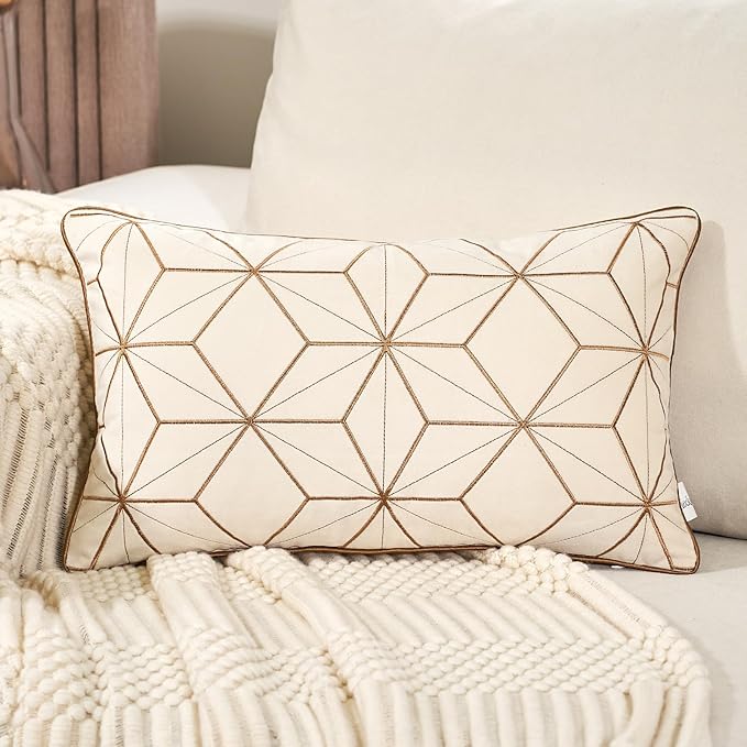 Aeckself 12 x 20 Inch White Gold Plaid Geometric Lines Embroidery Velvet by AECKSELF