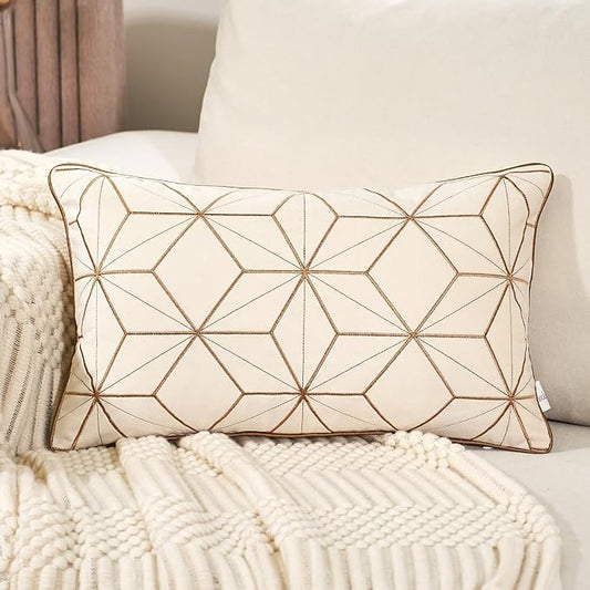 Aeckself 12 x 20 Inch White Gold Plaid Geometric Lines Embroidery Velvet by AECKSELF