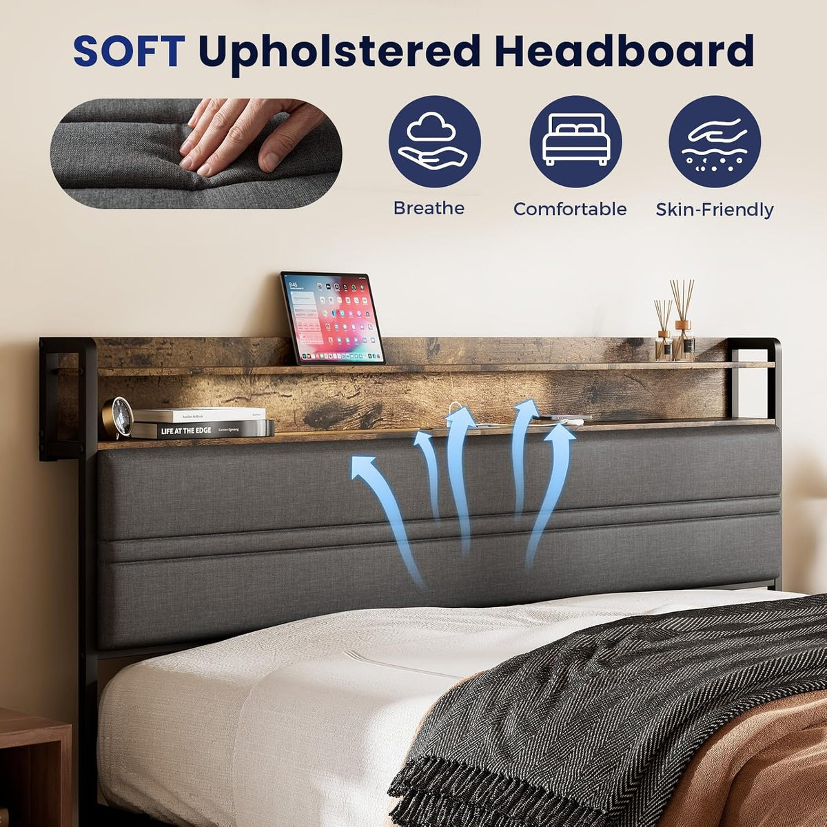 grusign queen size bed frame with led light on a desk or shelf