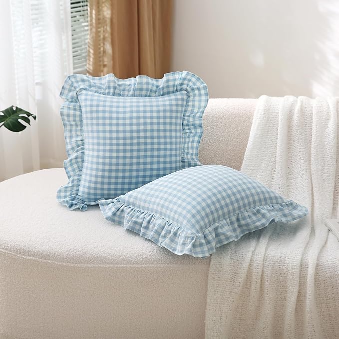 2 Pack Light Blue White Plaid Ruffle Gingham Throw Pillow Covers, 100% Washed - Image 3