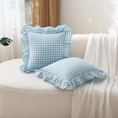 2 Pack Light Blue White Plaid Ruffle Gingham Throw Pillow Covers, 100% Washed - Image 3