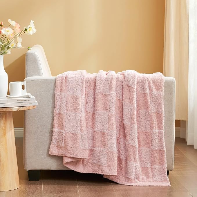 Snuggle Sac Checkered Throw Blanket, Fluffy Faux Fur Knitted - Image 5