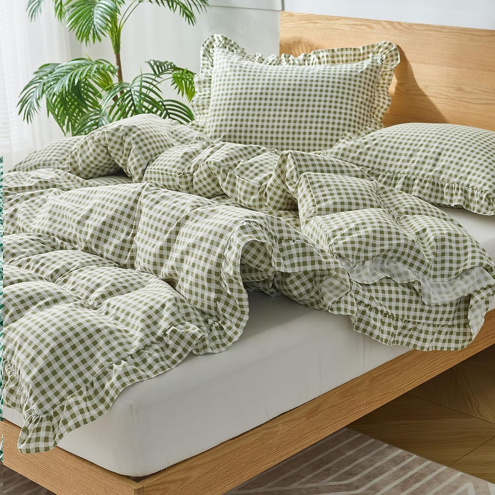 Gingham Duvet Cover Queen Size, 3 Pieces Soft Breathable Microfiber Plaid Duv...
