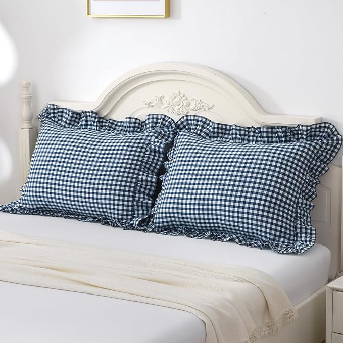 Navy Blue/White Plaid Ruffle Pillowcases Farmhouse Pillow Shams King Size Set - Image 2