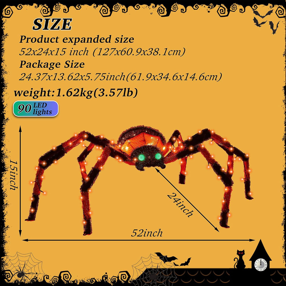 4.2Ft Giant Spider Halloween Decorations Outdoor 52" Light Up Spider with 90 LED Lights for Front Yard, Porch, Garden, Lawn, Halloween Party (Orange)