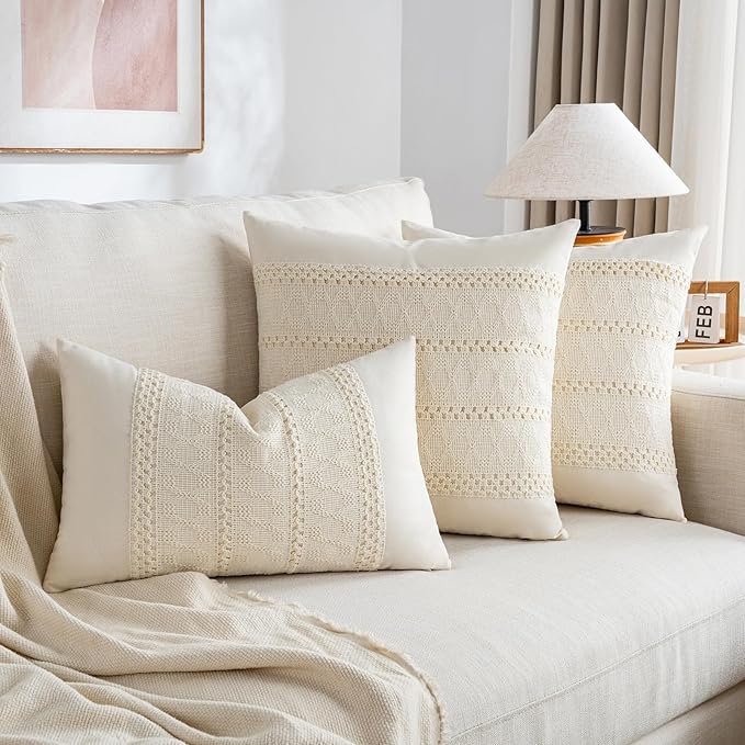 Fancy Homi Set of 2 Boho Cream Decorative Throw Pillow Cover 16x16 Inch - Image 5