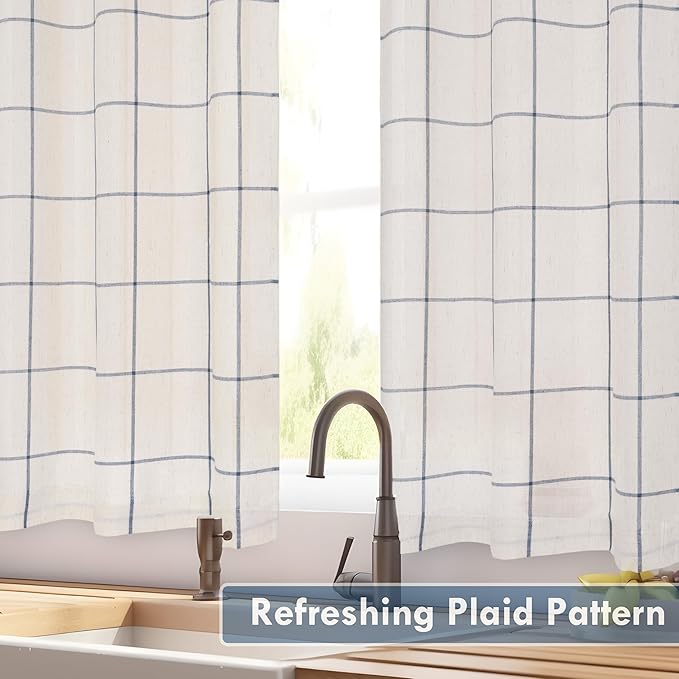 DriftAway Kitchen Curtains Striped Tier Linen Short Curtains Windowpane Plaid - Image 6