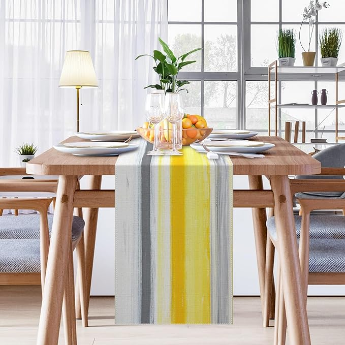 Emvency Yellow Abstract Table Runner, Modern Grey White Striped Dining Decor - Image 5