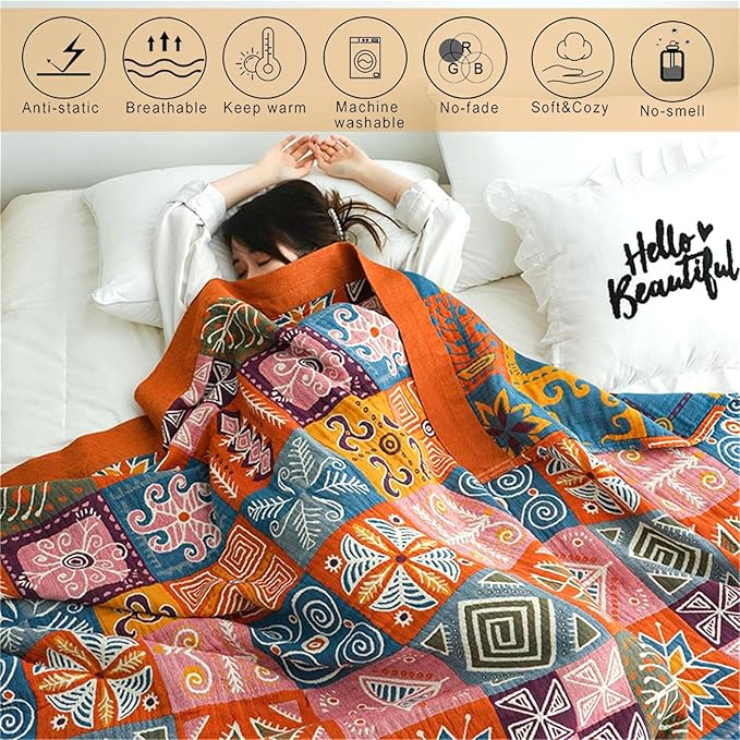 Cotton Throw Boho Blanket for Couch Bed, Cotton Quilted Boho 80''x90'' Muslin - Image 3