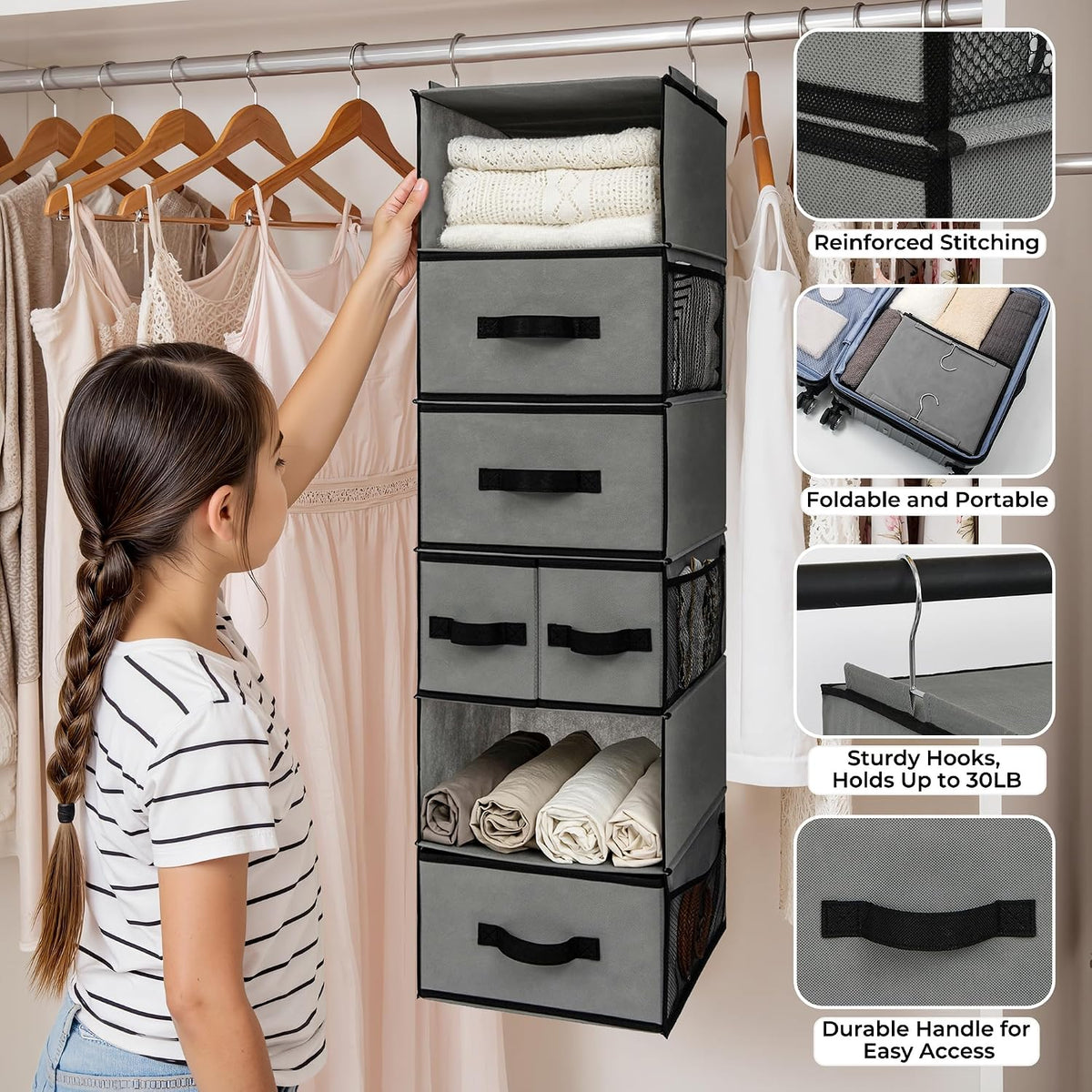 granny says hanging closet organizer, 5 drawers, 6, side view