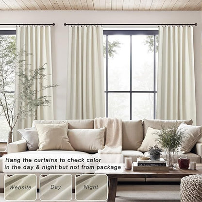 Flax Linen Blackout Living Room Curtain 84 Inch Long 2 Panel Tan Beige Black - Image 2