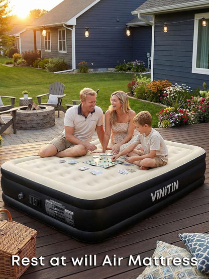 queen air mattress with built-in pump, 16" elevated showing dimensions