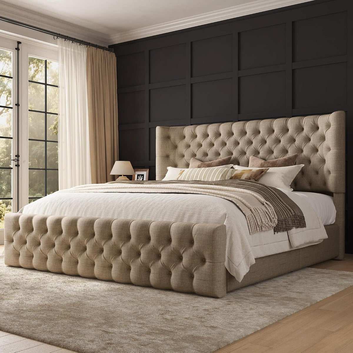 amerlife upholstered bed frame wingback headboard, queen size, close-up detail