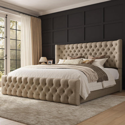 amerlife upholstered bed frame wingback headboard, queen size, close-up detail