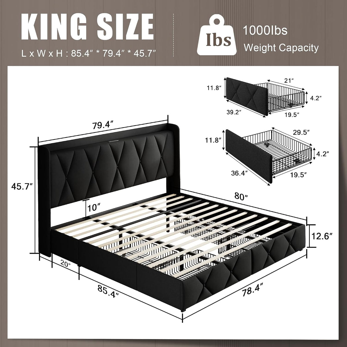 einhomn king size bed frame with 4 storage shown in use