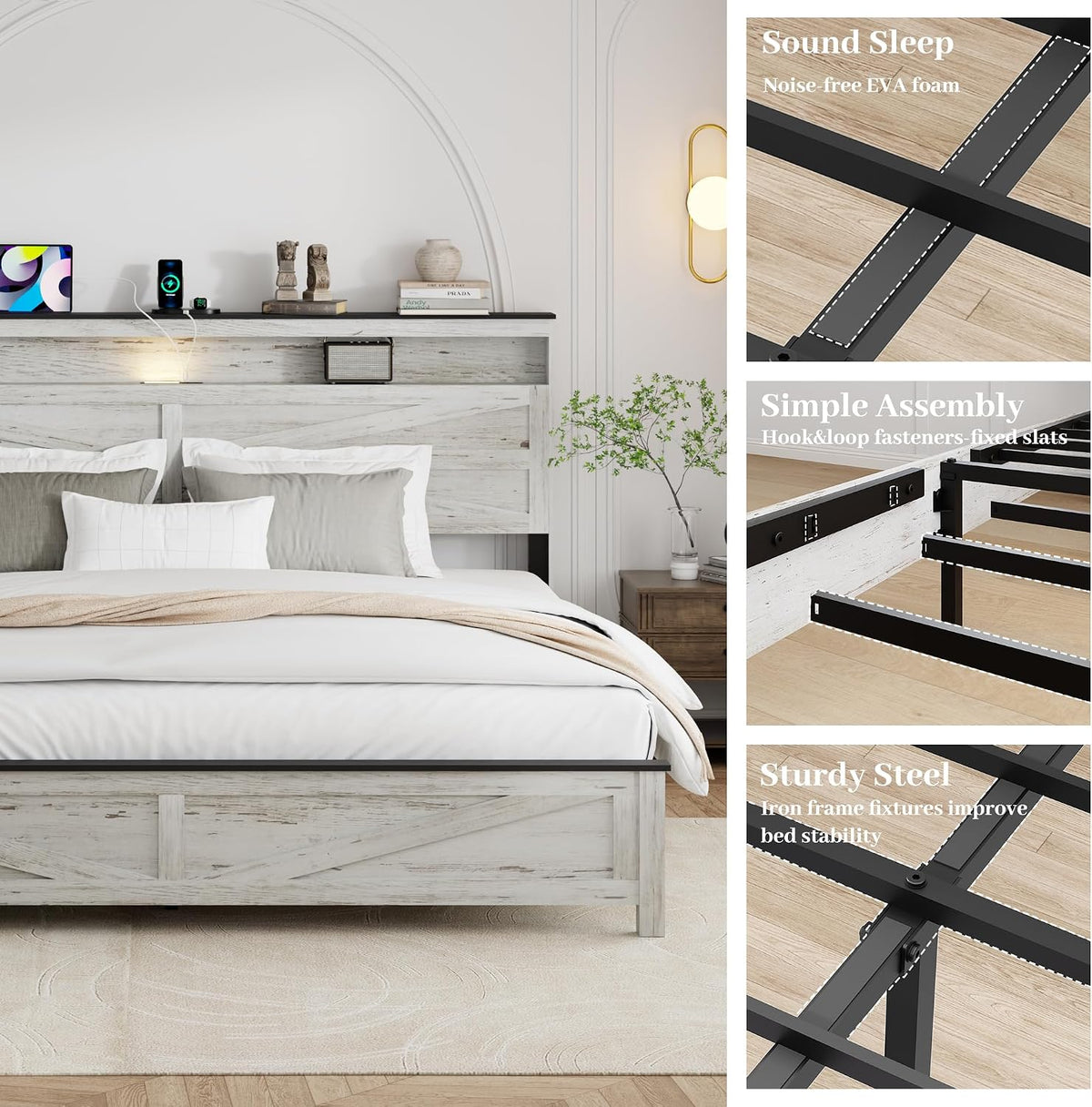 full size bed frame with headboard, rustic farmhouse showing dimensions