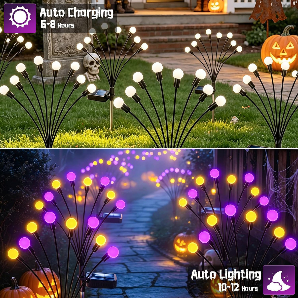 Kohlrabi Halloween Decorations Outdoor, 4 Pack 32 LED Purple and Orange Solar Firefly Lights Waterproof, Sway by Wind, Solar Wind Swaying Light for Garden Yard Patio Pathway Decoration