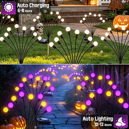 Kohlrabi Halloween Decorations Outdoor, 4 Pack 32 LED Purple and Orange Solar Firefly Lights Waterproof, Sway by Wind, Solar Wind Swaying Light for Garden Yard Patio Pathway Decoration