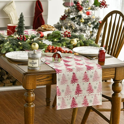 Artoid Mode Xmas Trees Snowflake Christmas Table Runner, Seasonal Winter Pink - Image 2