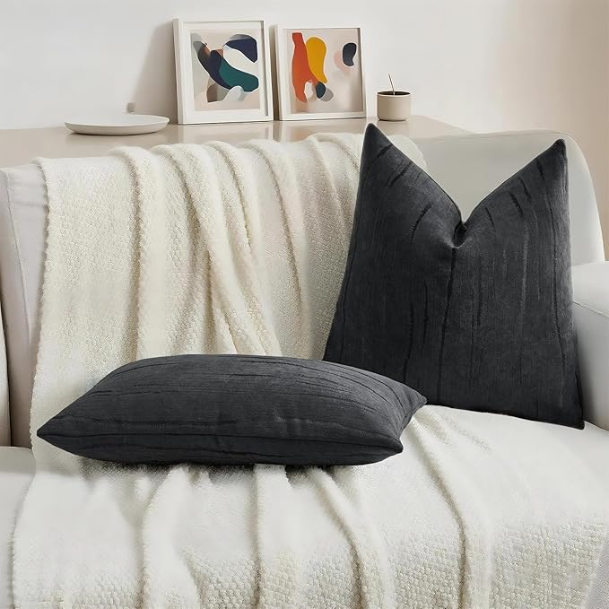 HAUSSY Black Throw Pillow Covers 18x18 Inch Set of 2, Boho Embossed Striped - Image 5