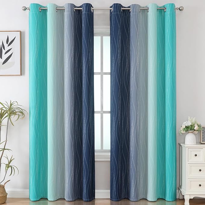Estelar Textiler Navy Blue and Teal Gradient Blackout Curtains 102 Inches Long - Image 2