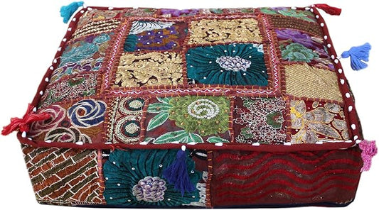 CRAFT KALA Indian Square Patchwork Traditional Pouf Cover Indian Living Room by CRAFTKALA