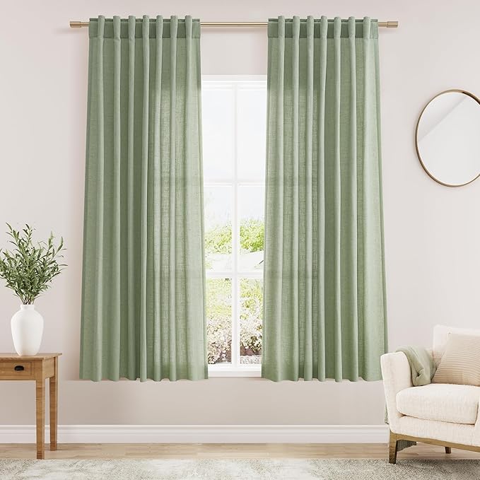 Light Sage Linen Curtains for Living Room 63 Inches Long 2 Panel Set Light by Nanspring